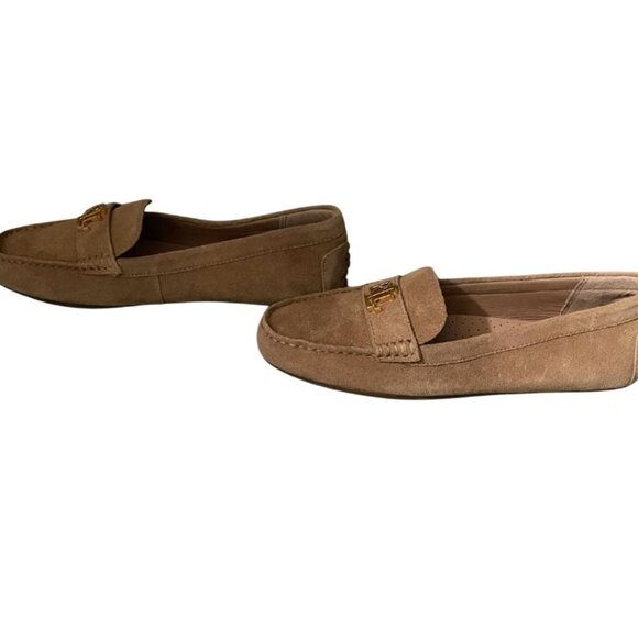 Lauren Ralph Lauren Barnsbury Tan Suede Driving Loafer Sz 7 Leather Logo Preppy - Picture 5 of 8
